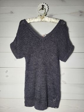 Y2K Roxy Short Sleeve Sweater Open-Knit Cotton V-Neck Summer Beach.